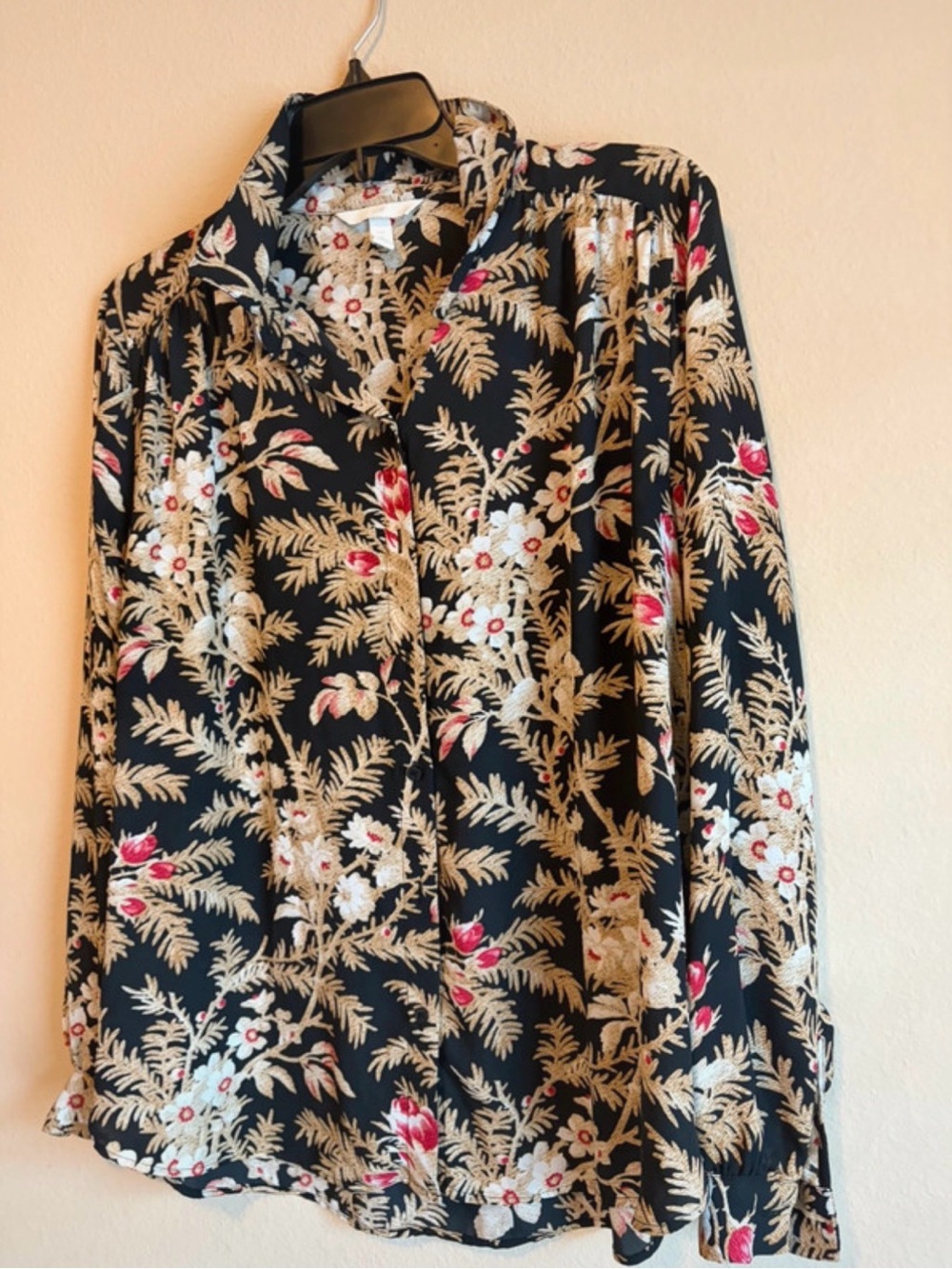 H&M Black Floral Button-Down Top with Cream and Pink Accents